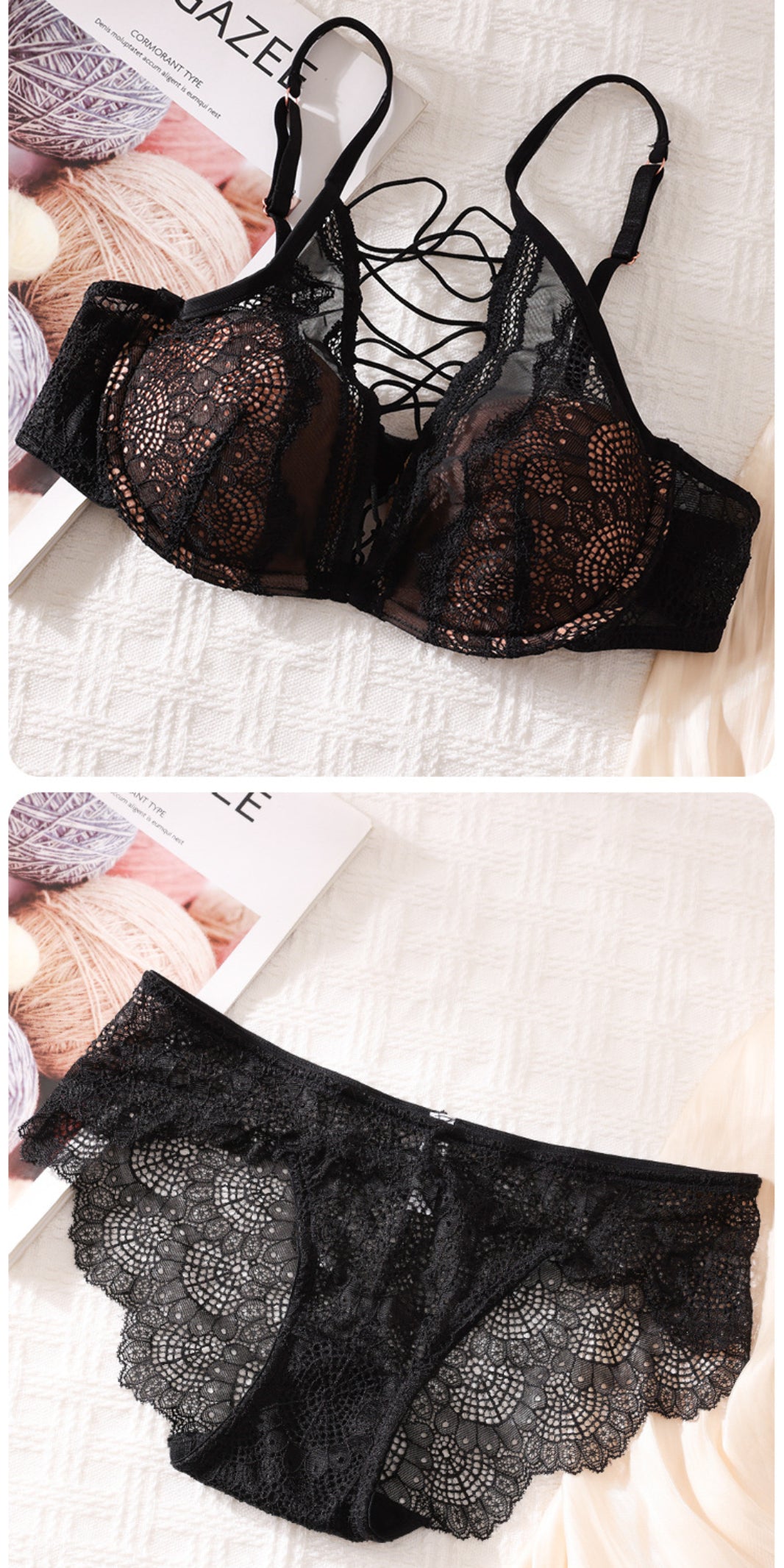 French Thin Large V Sexy Lace Tie-Up Support Anti-Sagging Soft Steel Ring Bra Set